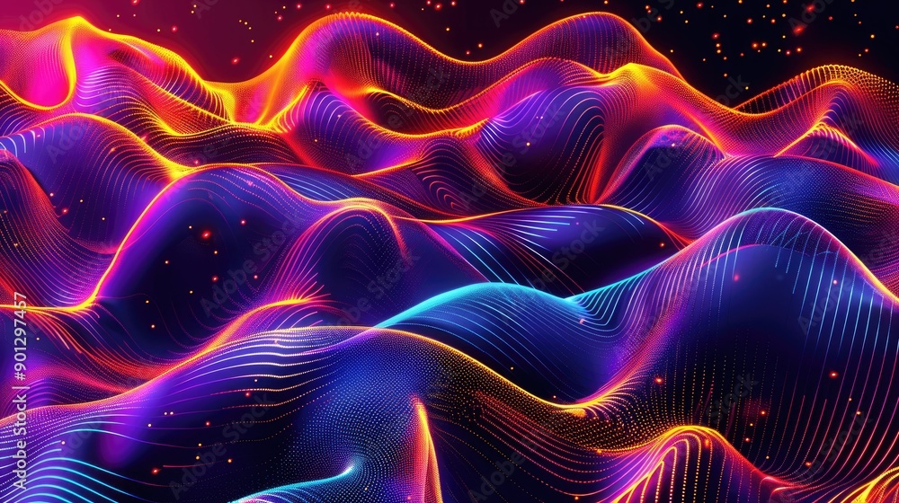 Poster abstract gradient hologram with dynamic particle wave, digital technology background, vibrant and fu
