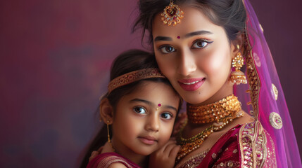 Obraz premium young indian mom carrying daughter on purple background