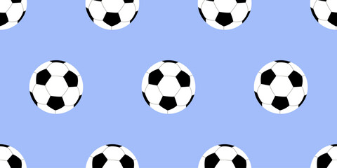 Seamless pattern with soccer balls on a blue background, sports games, inventory for sportsmen