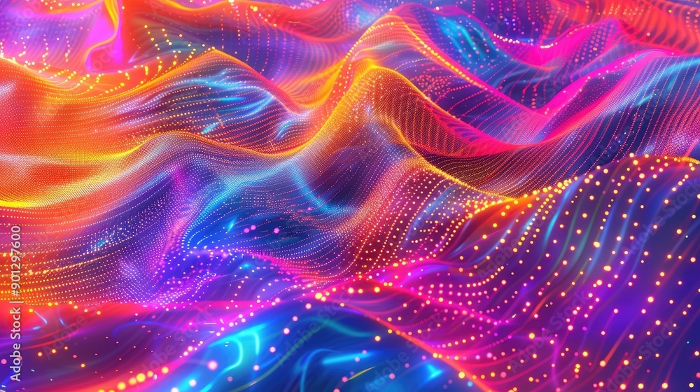 Poster abstract gradient hologram with dynamic particle wave, digital technology background, vibrant and fu
