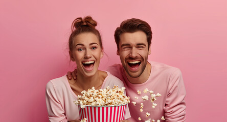 couple sitting closely together, sharing a large red and white striped popcorn bucket, against a plain pastel pink background