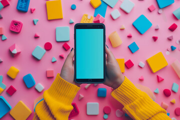 hands holding a smartphone with a blank blue screen, surrounded by various colorful geometric shapes scattered on a pink background