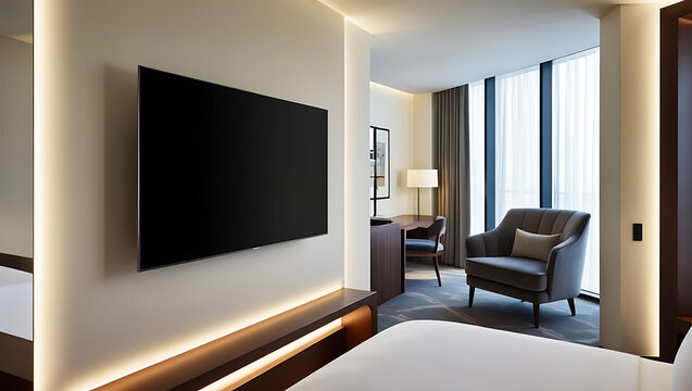 living room interior with sofa blank smart television display on wall.