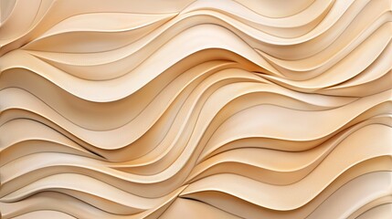 Obraz premium Beige 3D interior decorative wall panel with wavy pattern, texture of pearl light brown background, abstract structure art backdrop, macro.