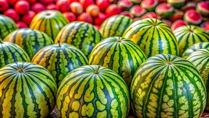 A rich, detailed texture of juicy watermelons, capturing their striped rind and vibrant color. The background is an elaborate mosaic of various melons, creating a refreshing and summery visual