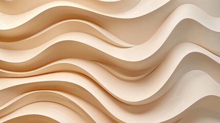 Beige 3D wall panel with wavy pattern, pearl light brown texture, abstract art structure, macro view, decorative interior backdrop.