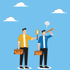 Man Holding Magnifying Glass with Reflection of Another Man Observing Through Binoculars