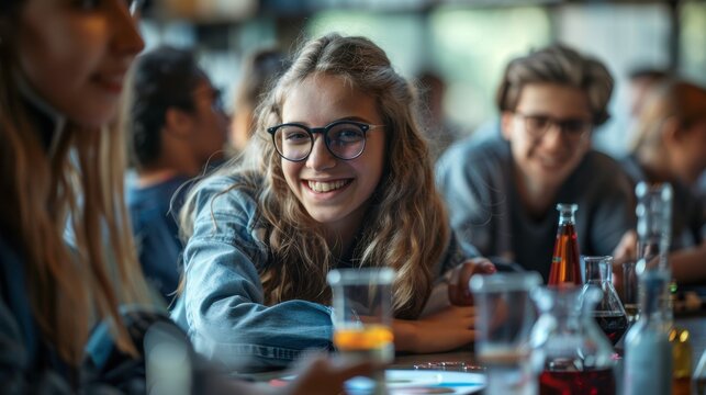 A group of friends laughing and enjoying drinks at a bar.  They are smiling and having a good time together.