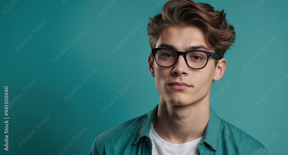 Poster teen nerd guy on plain teal background model portrait lifestyle hair skin care ad concept copy space