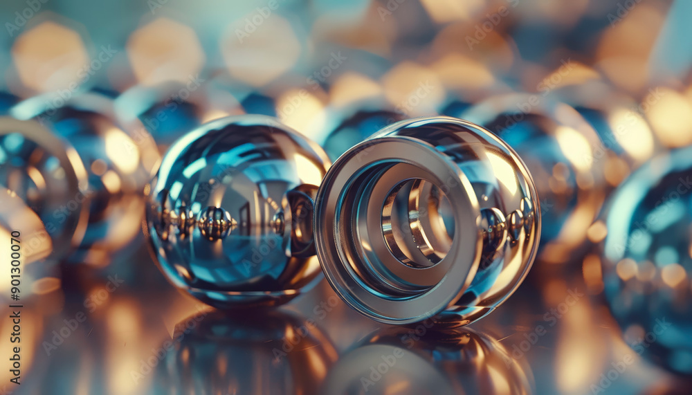 Poster reflective metal spheres with hollow interiors are scattered on a shiny surface, creating an abstrac