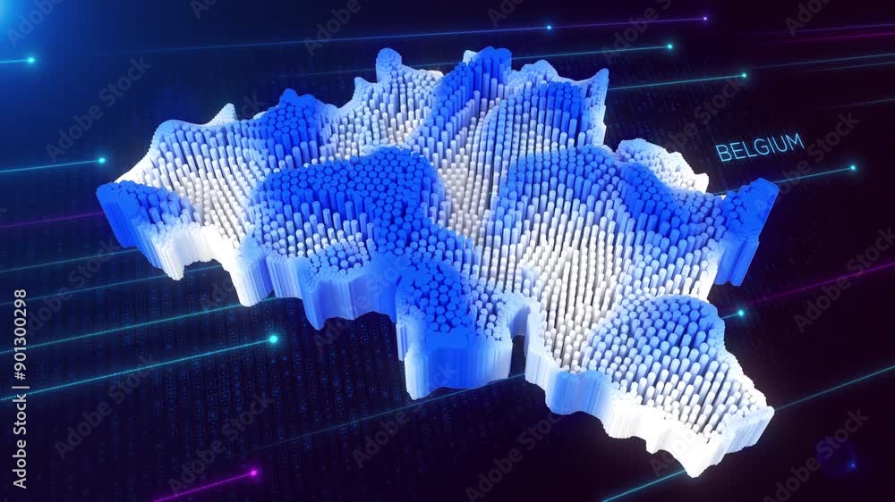 Poster digital motion 3d perspective dynamic rippling map of belgium in blue and white, set against dark fu