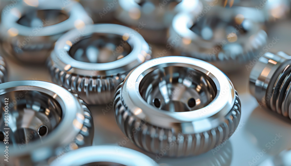 Poster a close-up view of shiny metallic gears with intricate details, displaying precision engineering and