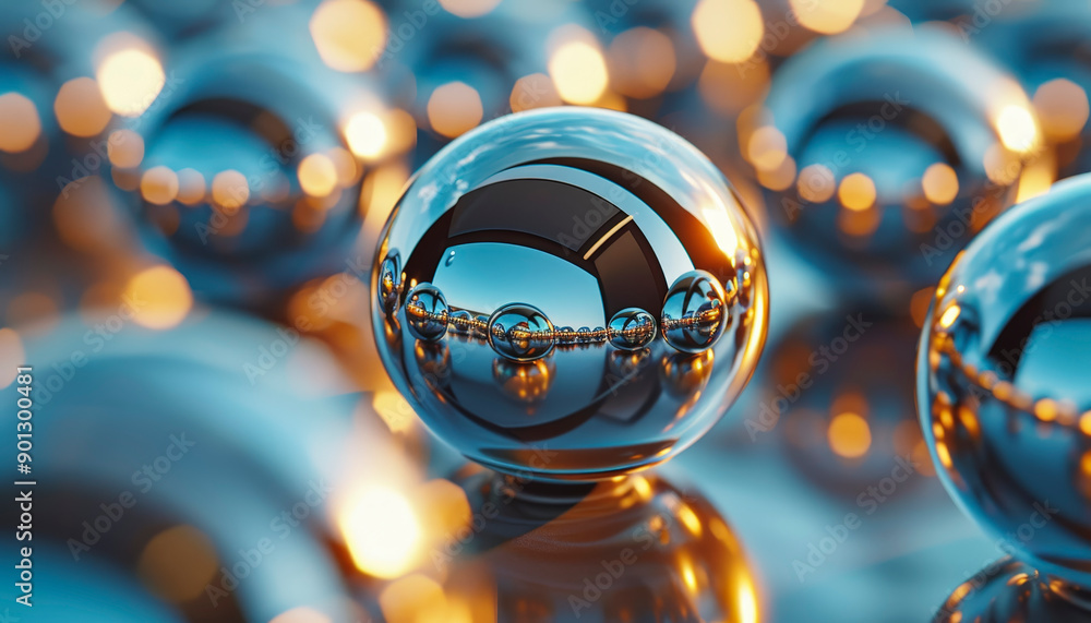 Aufkleber A close-up of reflective metal spheres with mesmerizing reflections and bokeh lighting, creating a visually captivating and abstract scene.