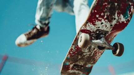 A skateboarder dressed in faded jeans and brown shoes executes an aerial trick in a skate park, highlighting skill and gracefulness against a clear, sunny sky backdrop.