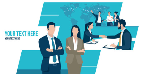 Business vector illustration template with copy space. Global trade, investment. International business. Business team in front of the world map. 