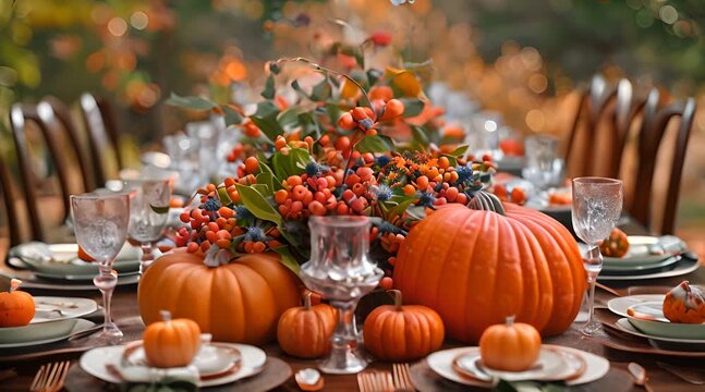 Autumnal Table Setting with Pumpkins and Berries