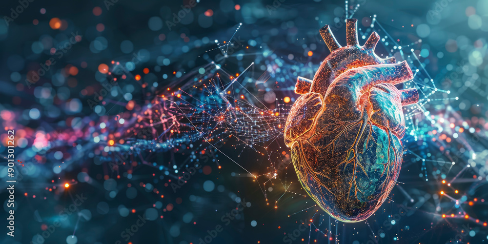Poster digital representation of a human heart amidst a network of colorful, interconnected data points and