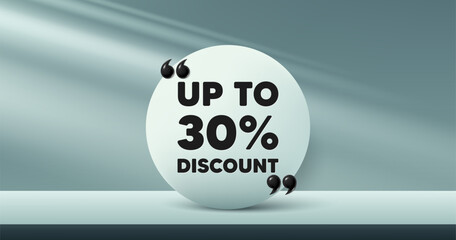Up to 30 percent discount. Circle frame, product stage background. Sale offer price sign. Special offer symbol. Save 30 percentages. Discount tag round frame message. Vector