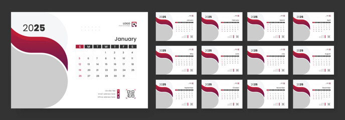 Modern Desk Calendar Template 2025, New Year 2025 table calendar, Minimalist desk calendar 2025 template. Week start on Sunday.