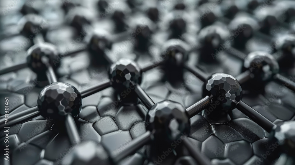 Poster close-up view of a futuristic, hexagonal, lattice structure composed of interconnected, shiny black 