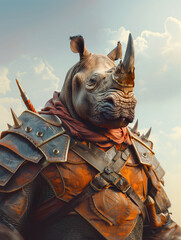 Naklejka premium A rhinoceros in full battle gear with a stern face standing on a hilltop overlooking a camp