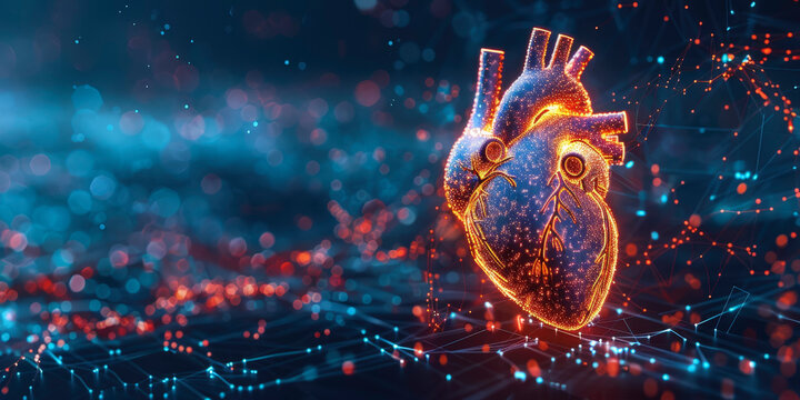 A digital, futuristic representation of a human heart, glowing with vibrant colors, connected to a network of lights and data lines.