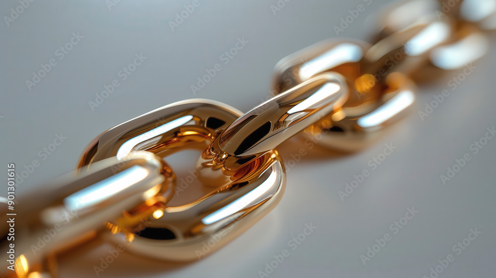 Poster a close-up image of a shiny, gold chain with interlocking links, symbolizing strength and unity, set