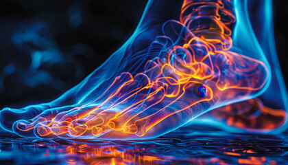 A vibrant, highly detailed X-ray image of a human foot showcasing bones and joints, illuminated with blue and orange hues.