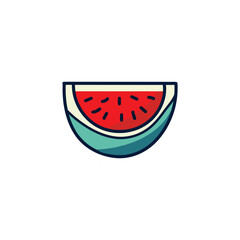 Obraz premium Watermelon slice icon, logo vector design illustration. red watermelon slice with black seeds and green rind.