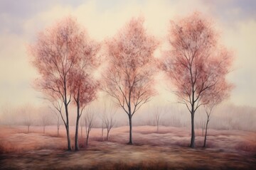 Fototapeta premium Artistic rendering of a serene autumn landscape with softly colored trees in a misty setting