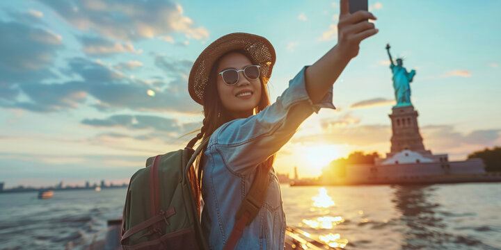 asian woman. A young woman in a straw hat and sunglasses takes a selfie with the Statue of Liberty in the background at sunset.
