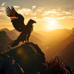 Fototapeta premium An eagle stands on a rocky outcropping with its wings spread wide, backlit by a golden sunset