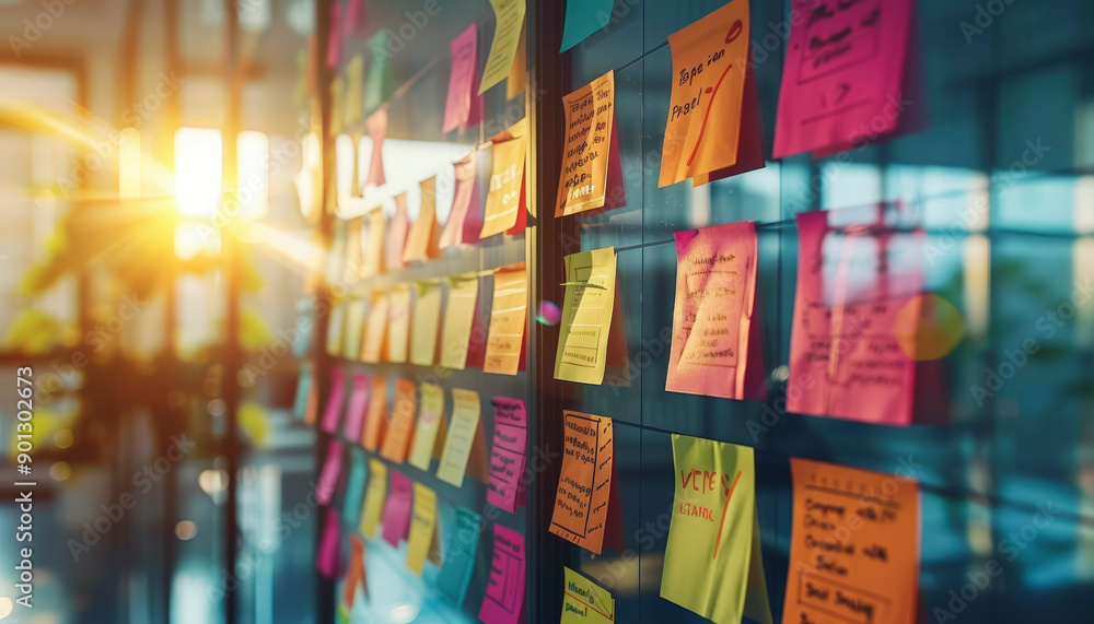Poster a wall covered with colorful sticky notes in an office, illuminated by sunlight streaming through la