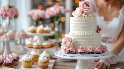 A sophisticated wedding cake adorned with pink roses, surrounded by cupcakes and floral arrangements in a beautifully decorated setting, epitomizing elegance and celebration.