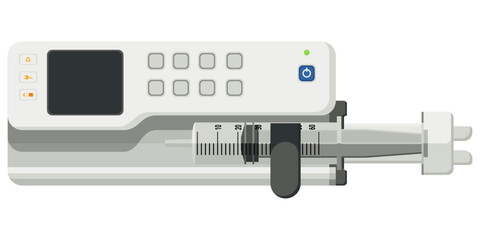 Infusion Pumps-Syringes medical devices used to deliver fluids, medications, nutrients into the patient body at a controlled rate. In hospitals, clinics. Flat design