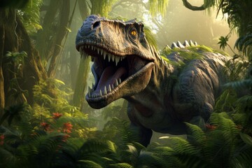 Obraz premium Realistic cg image of a t-rex growling amidst dense prehistoric foliage