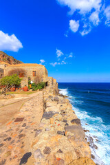 Monemvasia houses and sea in Peloponnese, Greece