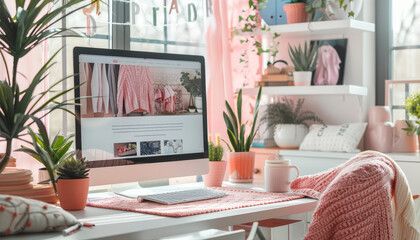 A cozy home office setup with a desktop computer, plants, and stylish decor, creating a pleasant and inspiring workspace.
