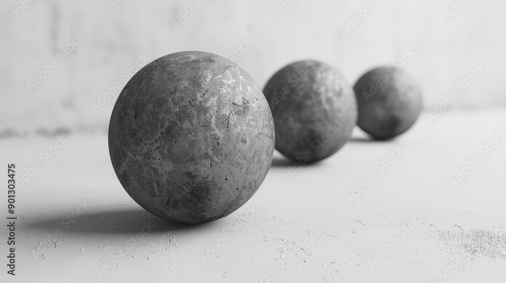 Poster three textured concrete spheres are aligned in a row on a minimalistic, white surface, casting soft 