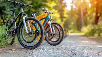 Fototapeta premium Multiple colorful bicycles are parked on a gravel path in a forest, taking a rest during a ride. The image highlights bicycles in nature and the serene forest environment.