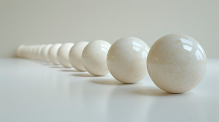 A line of identical white spheres arranged in a diagonal sequence on a smooth, reflective surface creates a visually appealing geometric pattern.