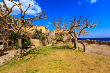 Monemvasia houses and church in Peloponnese, Greece
