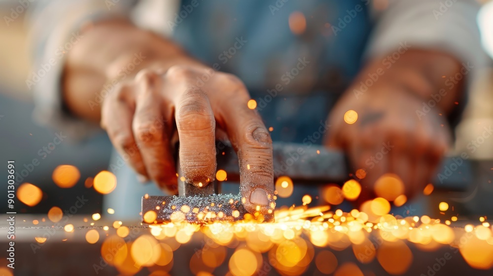 Poster close-up shot of hands working with metal, producing sparks that fly around during the grinding proc