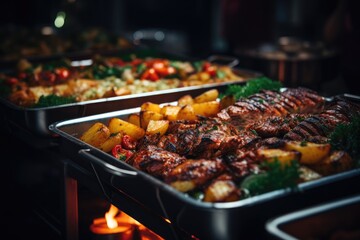 Catering buffet food indoor in restaurant with grilled meat.