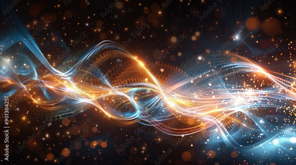 Poster energy waves and light rays with particles, forming a dynamic and vibrant abstract background full o