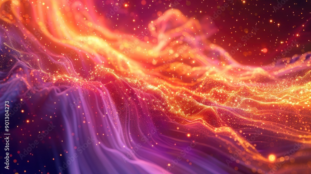 Poster energy waves and light rays with particles, forming a dynamic and vibrant abstract background full o