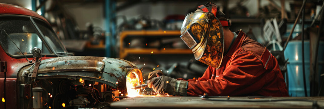 A welder in protective gear is repairing the body of an old, rusted car in a workshop filled with tools and equipment.