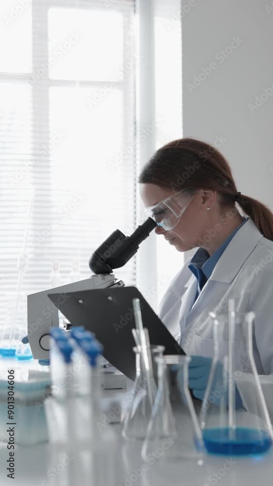 Poster a female scientist is researching in a lab using a microscope for analysis, biotechnology, innovatio