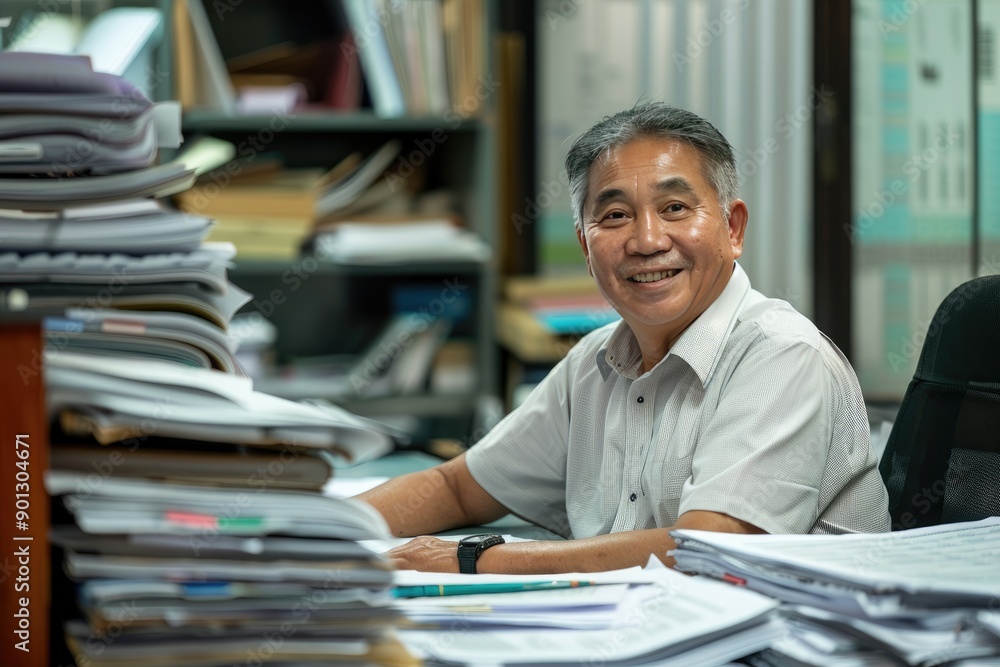 Poster a man is sitting at a desk with a pile of papers in front of him. he is smiling and he is happy
