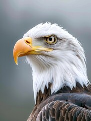 Obraz premium A close-up shot of a bald eagle's head and feathers, against a gray background